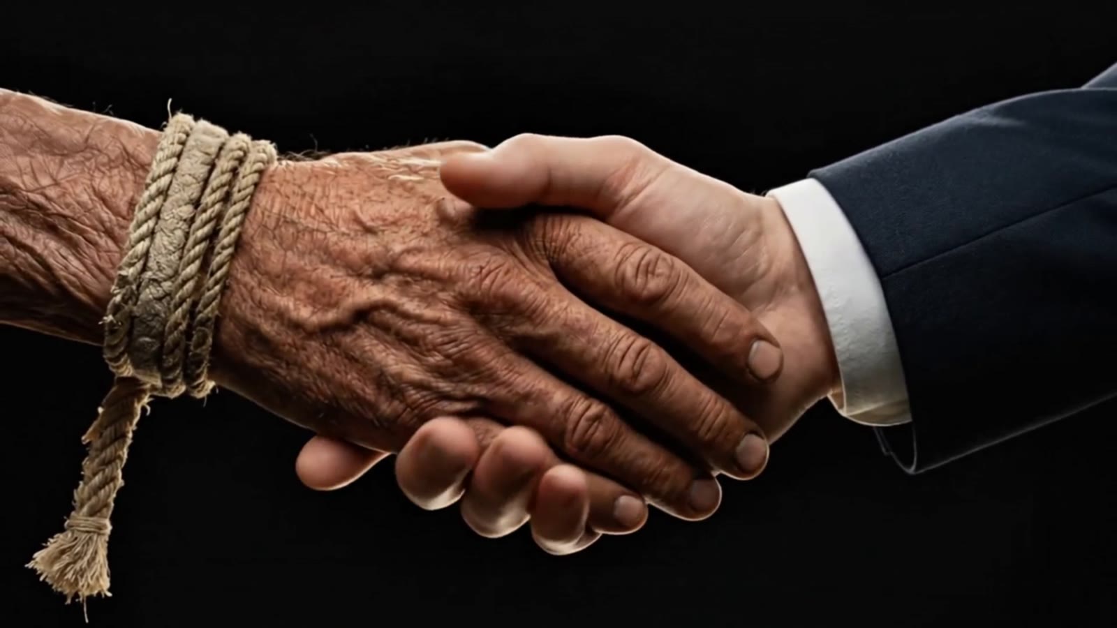 An old trader's rope-bound hand shaking the hand of a modern seller in a suit